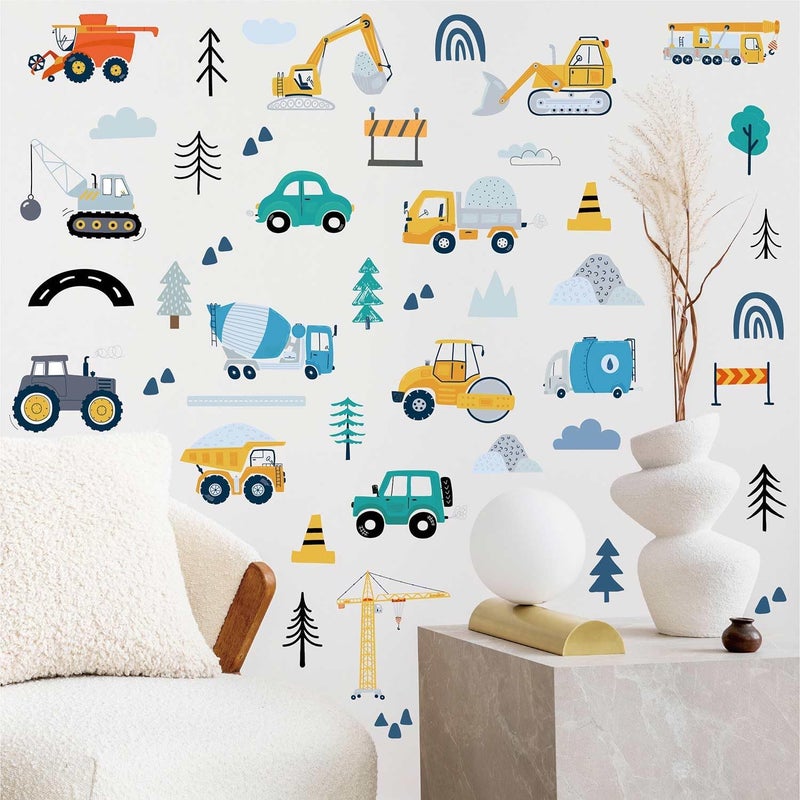 CharmFlo Construction Vehicles Wall Decals - 90Pcs (6 Sheets) Peel & Stick Removable Wall Stickers for Boys Room, Nursery, Playroom - Trucks, Excavator, Crane Theme Boho Kids Bedroom Decor, Easy DIY - Image 2
